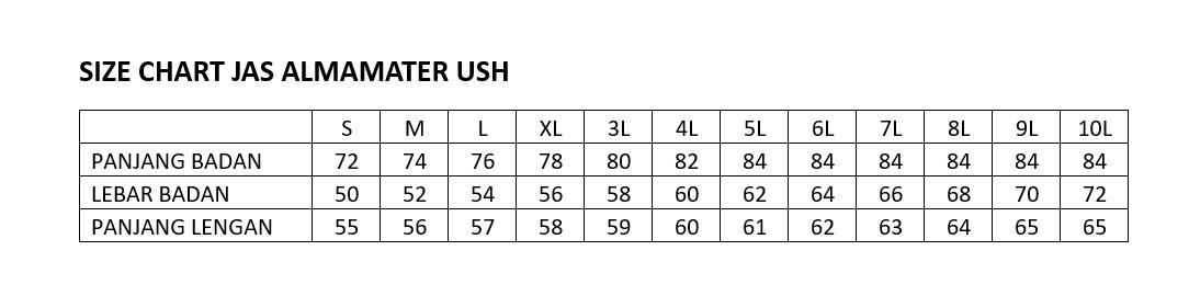Size Chart Jas Almamater USH